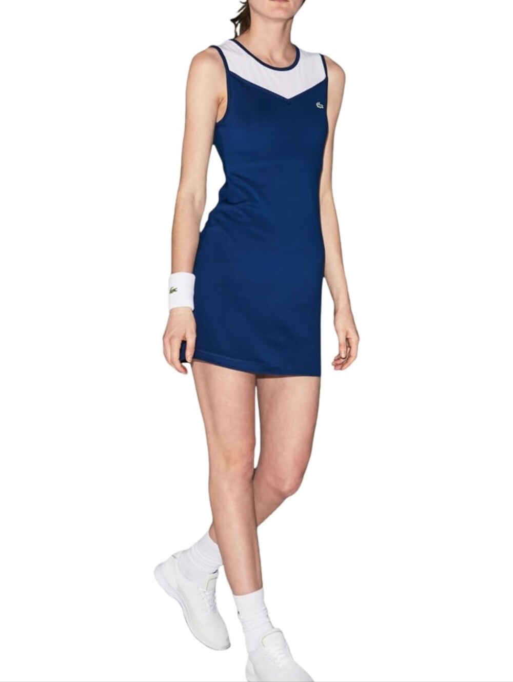 Lacoste Preppy Tennis Dress Mesh Contrast White And Navy Blue Size EU 34